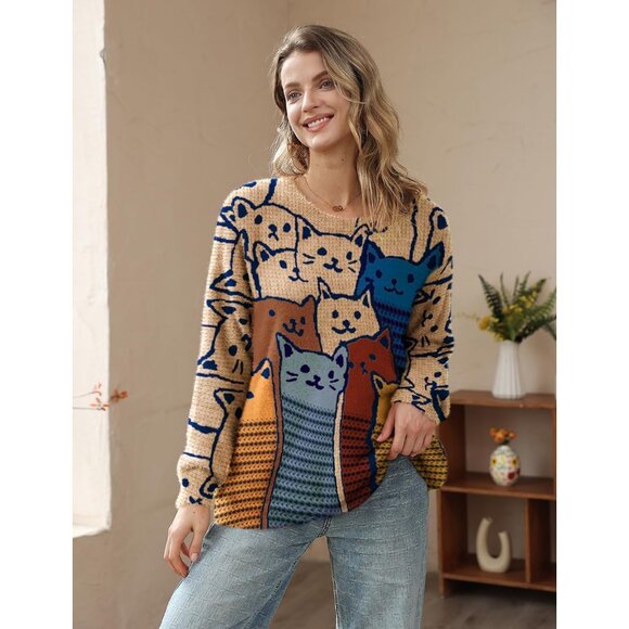 Women Christmas Sweater Graphic Print Oversized Pullover Floral 064 Loose Top - Picture 2 of 6